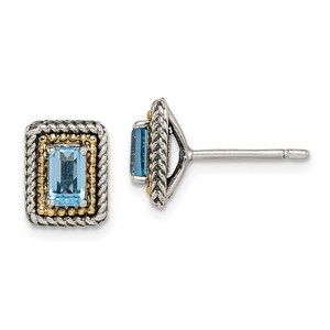 925 Sterling Silver w 14K Accent Antiqued Emerald-cut Blue Topaz Post Earrings